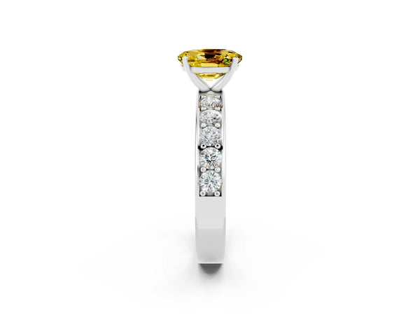 Platinum Oval Cut Yellow Sapphire Engagement Ring with Channel Set Round  Band and Prong Setting