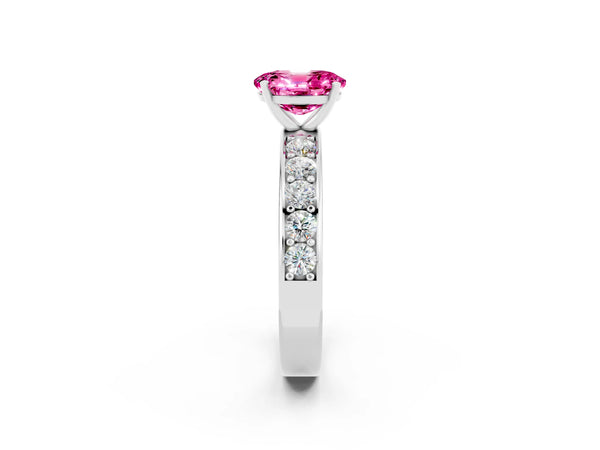 Silver Oval Cut Pink Sapphire Engagement Ring with Channel Set Round  Band and Prong Setting