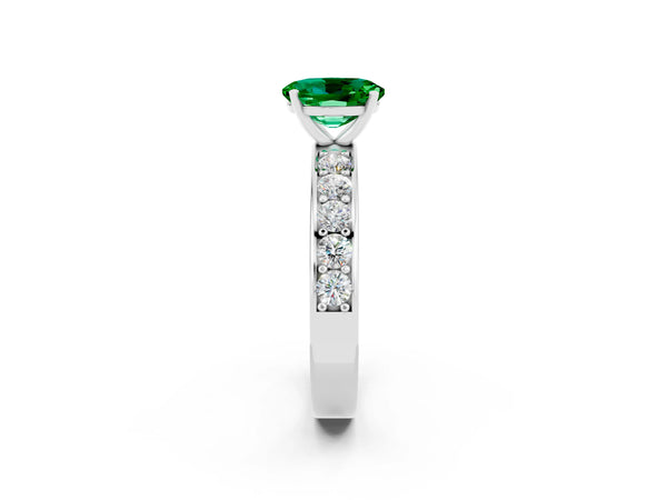 Platinum Oval Cut Emerald Engagement Ring with Channel Set Round  Band and Prong Setting