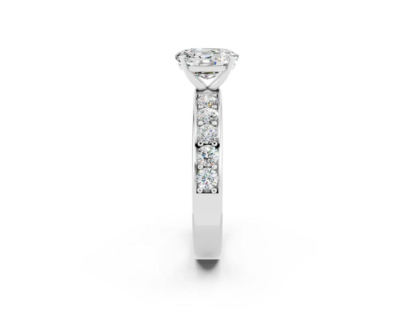 Platinum Oval Cut Moissanite Engagement Ring with Channel Set Round  Band and Prong Setting