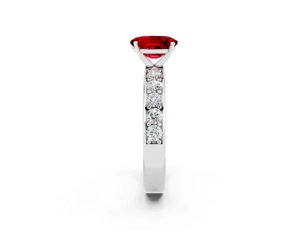 White gold Oval Cut Ruby Engagement Ring with Channel Set Round  Band and Prong Setting