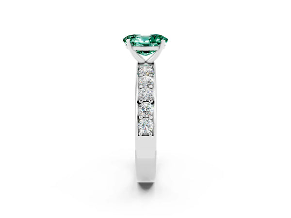 Platinum Oval Cut Green Sapphire Engagement Ring with Channel Set Round  Band and Prong Setting