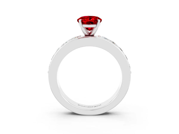 Platinum Oval Cut Ruby Engagement Ring with Channel Set Round  Band and Prong Setting