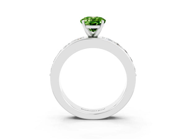 Platinum Oval Cut Peridot Engagement Ring with Channel Set Round  Band and Prong Setting