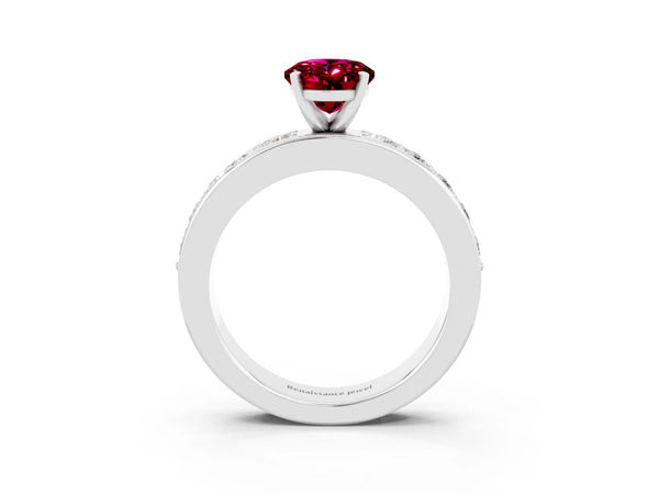 Silver Oval Cut Garnet Engagement Ring with Channel Set Round  Band and Prong Setting