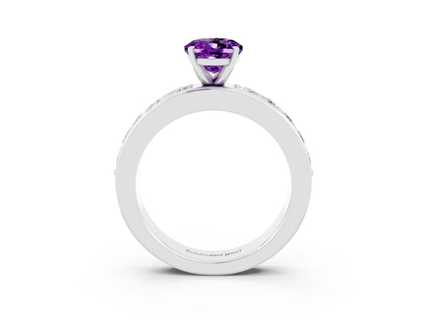 White gold Oval Cut Amethyst Engagement Ring with Channel Set Round  Band and Prong Setting