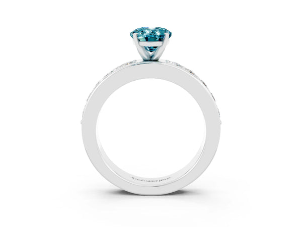 White gold Oval Cut Blue Topaz Engagement Ring with Channel Set Round  Band and Prong Setting