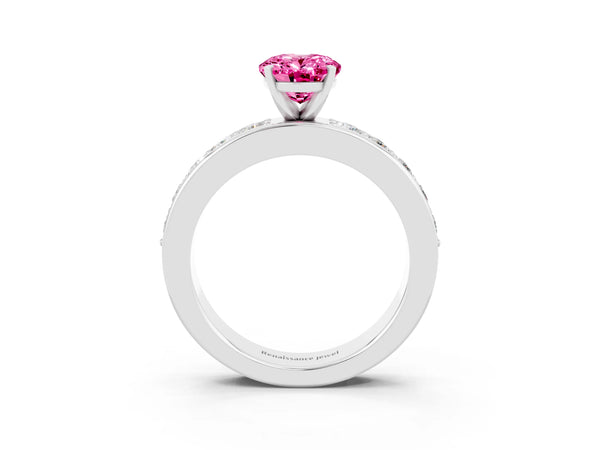 Silver Oval Cut Pink Sapphire Engagement Ring with Channel Set Round  Band and Prong Setting