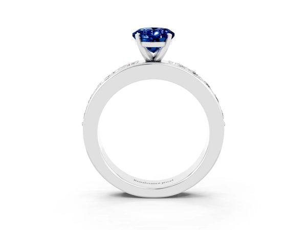 White gold Oval Cut Blue Sapphire Engagement Ring with Channel Set Round  Band and Prong Setting