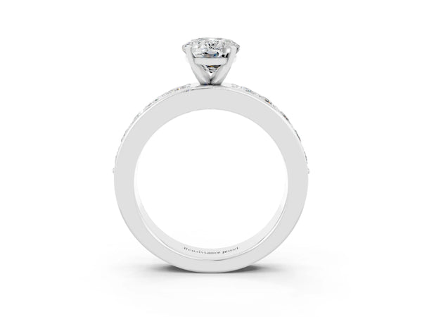 Platinum Oval Cut Moissanite Engagement Ring with Channel Set Round  Band and Prong Setting