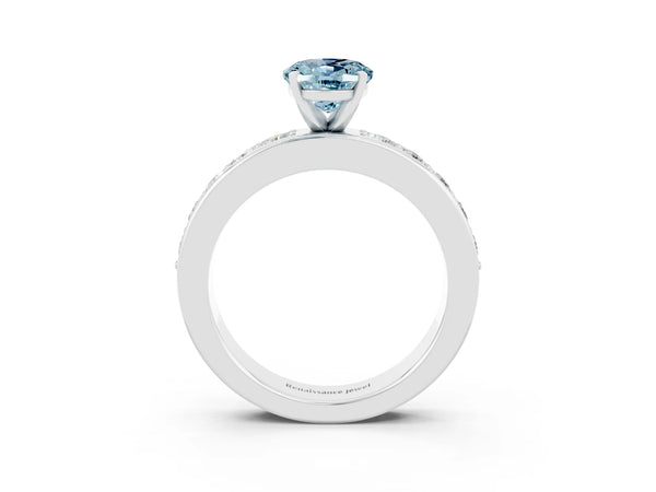 White gold Oval Cut Aquamarine Engagement Ring with Channel Set Round  Band and Prong Setting