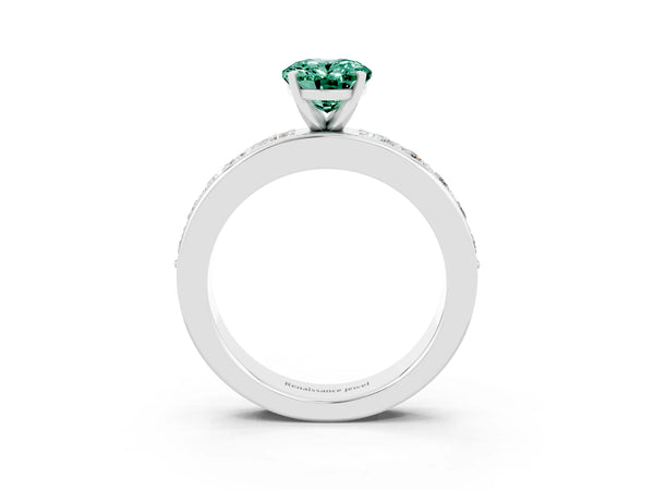 Silver Oval Cut Green Sapphire Engagement Ring with Channel Set Round  Band and Prong Setting