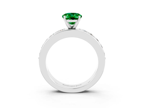 Silver Oval Cut Emerald Engagement Ring with Channel Set Round  Band and Prong Setting