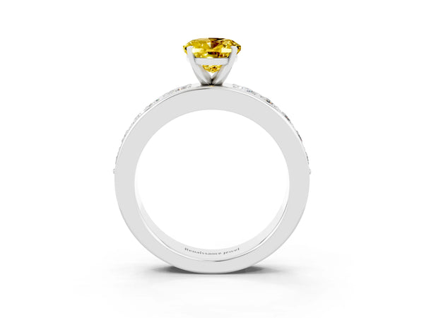 Platinum Oval Cut Yellow Sapphire Engagement Ring with Channel Set Round  Band and Prong Setting