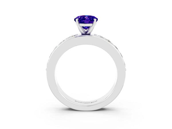 Platinum Oval Cut Tanzanite Engagement Ring with Channel Set Round  Band and Prong Setting