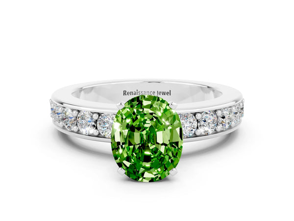 Platinum Oval Cut Peridot Engagement Ring with Channel Set Round  Band and Prong Setting