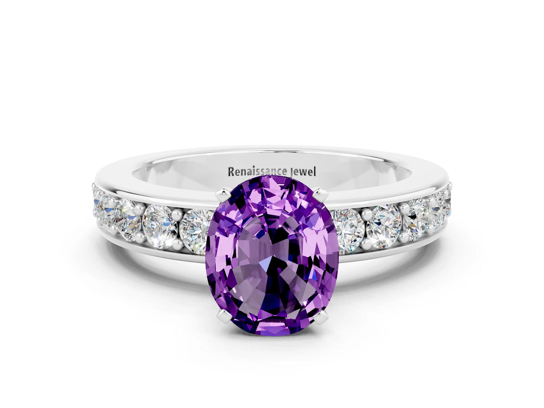 White gold Oval Cut Cut Channel Set Diamond Engagement Ring with Four-Prong Setting