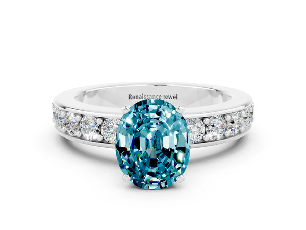 White gold Oval Cut Blue Topaz Engagement Ring with Channel Set Round  Band and Prong Setting