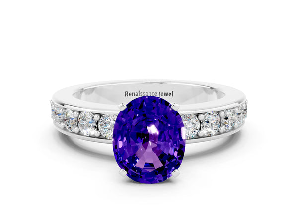 White gold Oval Cut Tanzanite Engagement Ring with Channel Set Round  Band and Prong Setting