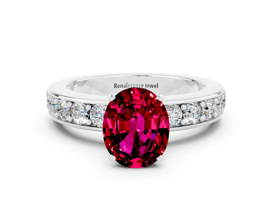 White gold Oval Cut Cut Channel Set Diamond Engagement Ring with Four-Prong Setting