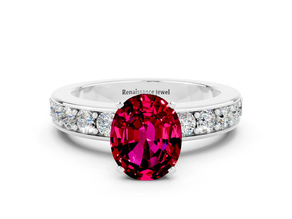 Silver Oval Cut Garnet Engagement Ring with Channel Set Round  Band and Prong Setting