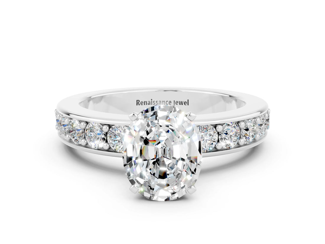 White gold Oval Cut Cut Channel Set Diamond Engagement Ring with Four-Prong Setting
