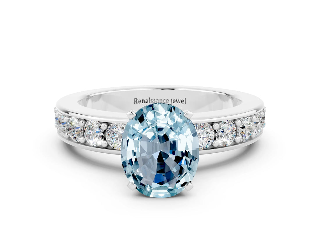 White gold Oval Cut Cut Channel Set Diamond Engagement Ring with Four-Prong Setting