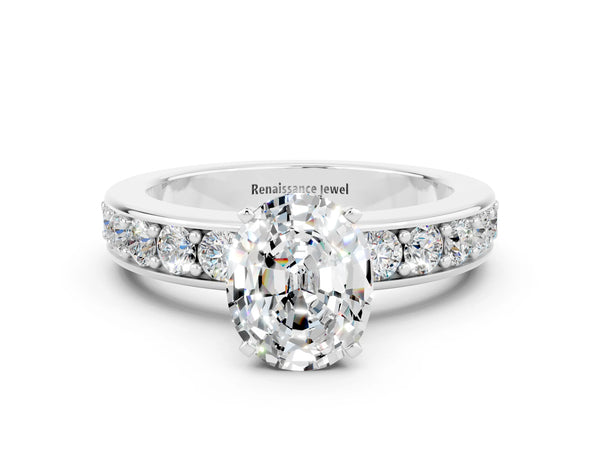 Platinum Oval Cut Moissanite Engagement Ring with Channel Set Round  Band and Prong Setting