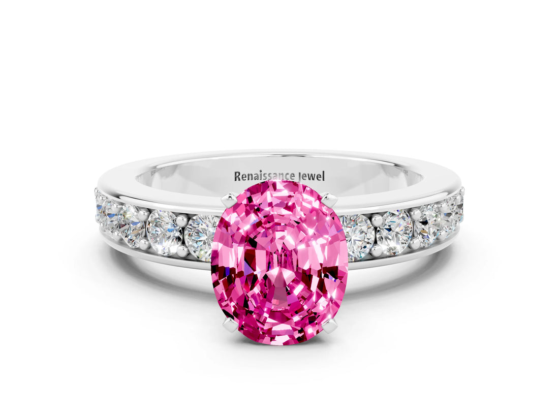 White gold Oval Cut Cut Channel Set Diamond Engagement Ring with Four-Prong Setting