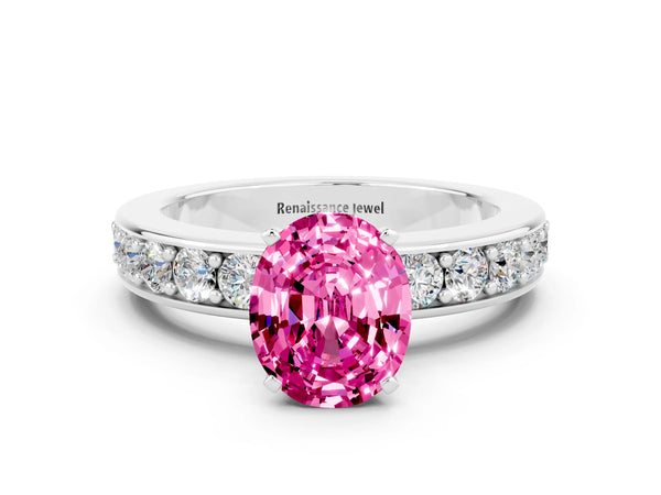 Platinum Oval Cut Pink Sapphire Engagement Ring with Channel Set Round  Band and Prong Setting