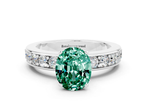 White gold Oval Cut Green Sapphire Engagement Ring with Channel Set Round  Band and Prong Setting