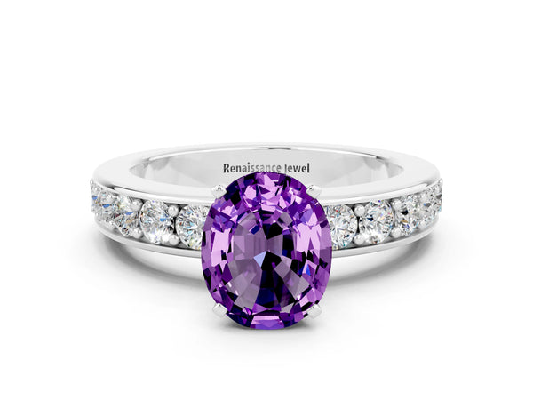 Silver Oval Cut Amethyst Engagement Ring with Channel Set Round  Band and Prong Setting