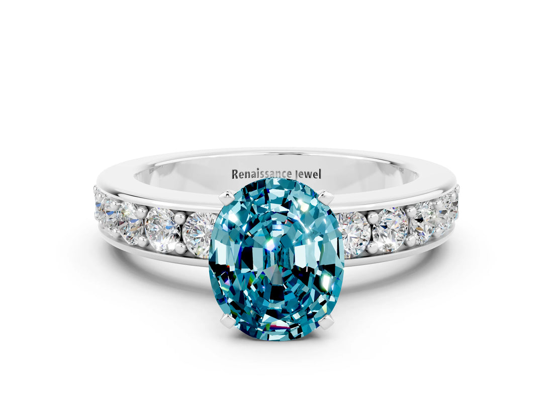 White gold Oval Cut Cut Channel Set Diamond Engagement Ring with Four-Prong Setting