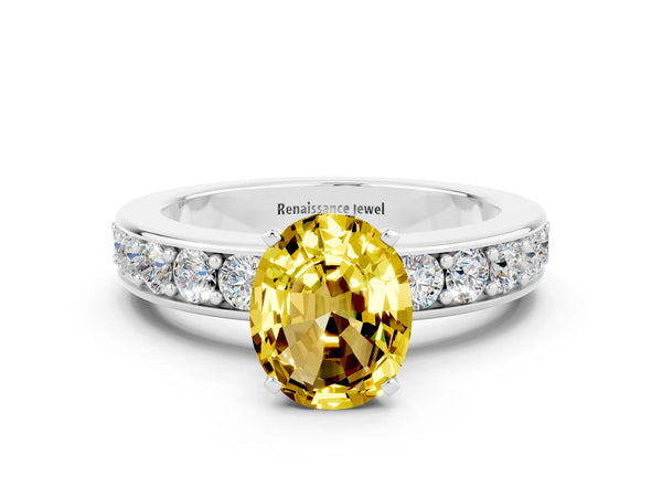 White gold Oval Cut Yellow Sapphire Engagement Ring with Channel Set Round  Band and Prong Setting
