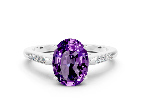 White gold Oval Cut Amethyst Solitaire Ring with Channel Set Round Band and Prong Setting