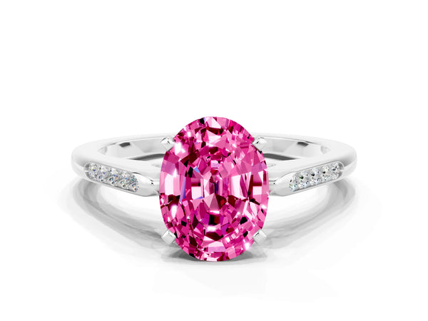 Silver Oval Cut Pink Sapphire Solitaire Ring with Channel Set Round Band and Prong Setting