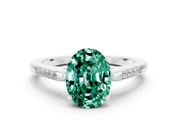 Platinum Oval Cut Green Sapphire Solitaire Ring with Channel Set Round Band and Prong Setting
