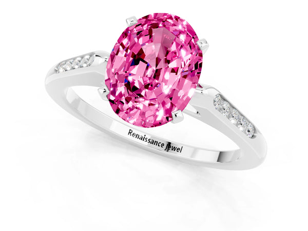 Silver Oval Cut Pink Sapphire Solitaire Ring with Channel Set Round Band and Prong Setting