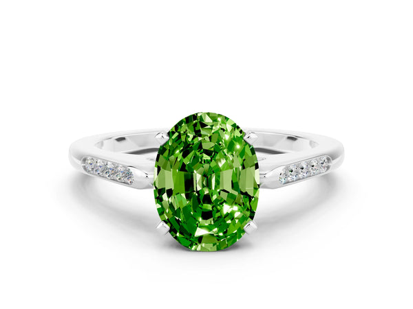 Platinum Oval Cut Peridot Solitaire Ring with Channel Set Round Band and Prong Setting