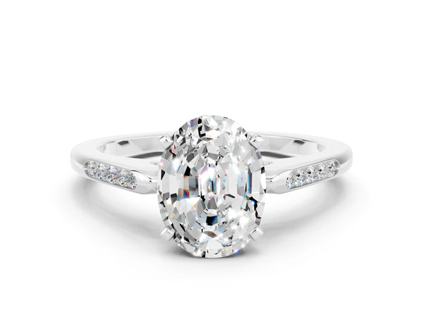 Platinum Oval Cut Moissanite Solitaire Ring with Channel Set Round Band and Prong Setting