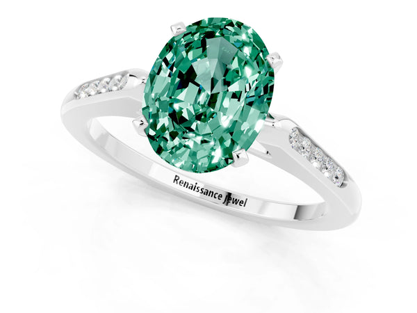 Silver Oval Cut Green Sapphire Solitaire Ring with Channel Set Round Band and Prong Setting