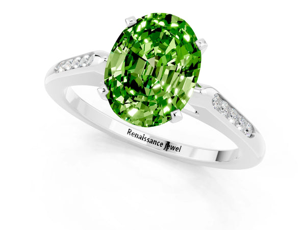 Platinum Oval Cut Peridot Solitaire Ring with Channel Set Round Band and Prong Setting
