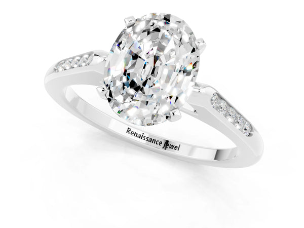 Platinum Oval Cut Moissanite Solitaire Ring with Channel Set Round Band and Prong Setting