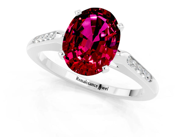 White gold Oval Cut Garnet Solitaire Ring with Channel Set Round Band and Prong Setting