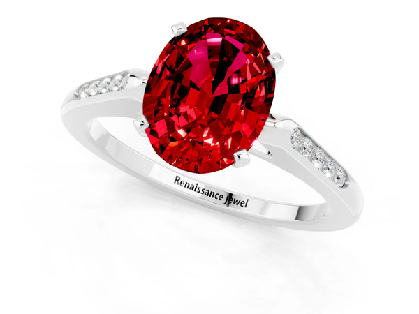 Platinum Oval Cut Ruby Solitaire Ring with Channel Set Round Band and Prong Setting