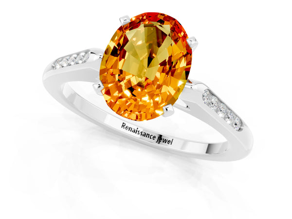 White gold Oval Cut Citrine Solitaire Ring with Channel Set Round Band and Prong Setting