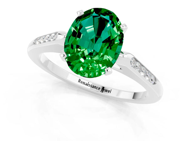 Platinum Oval Cut Emerald Solitaire Ring with Channel Set Round Band and Prong Setting