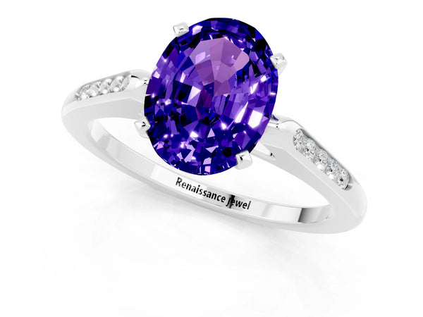 Silver Oval Cut Tanzanite Solitaire Ring with Channel Set Round Band and Prong Setting