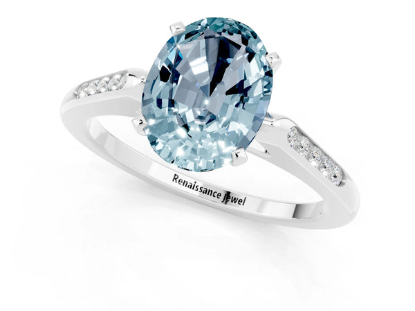 White gold Oval Cut Aquamarine Solitaire Ring with Channel Set Round Band and Prong Setting