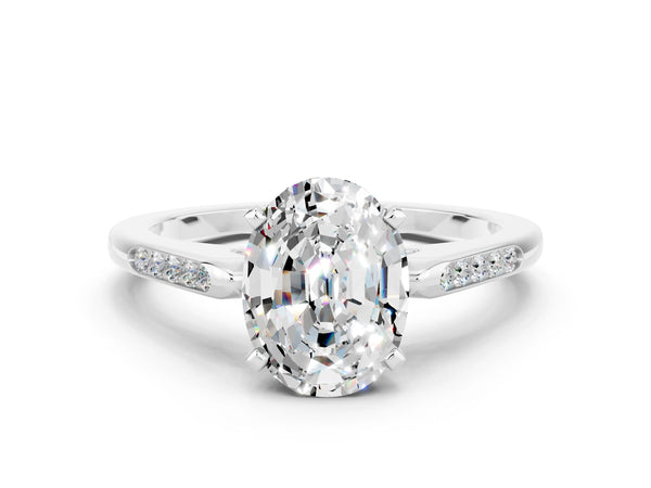 Platinum Oval Cut Moissanite Solitaire Ring with Channel Set Round Band and Prong Setting